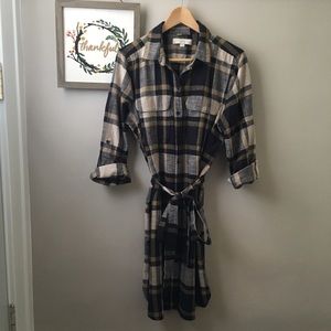 Loft blue & tan plaid shirt dress L
